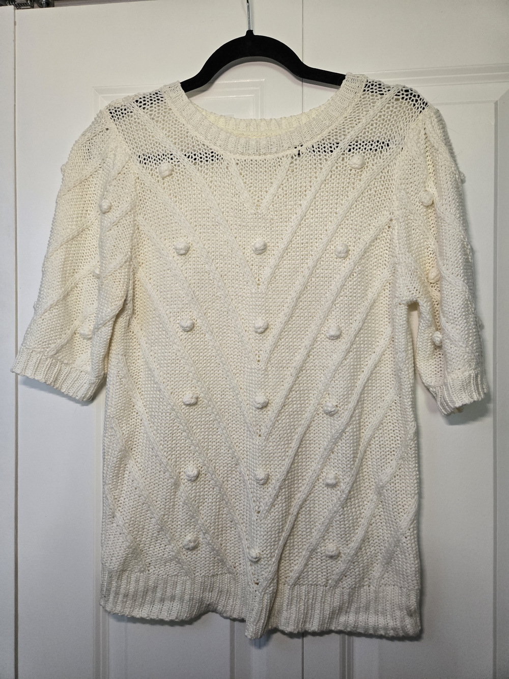Cream Knit Sweater Top with Pom Details